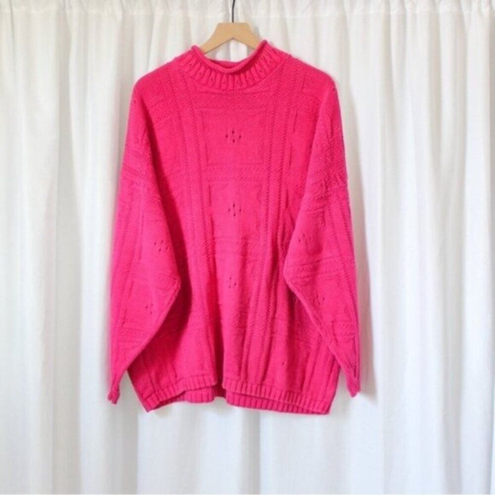 Vintage Alps Bright Pink Mockneck Knit Sweater Large - Picture 3 of 5